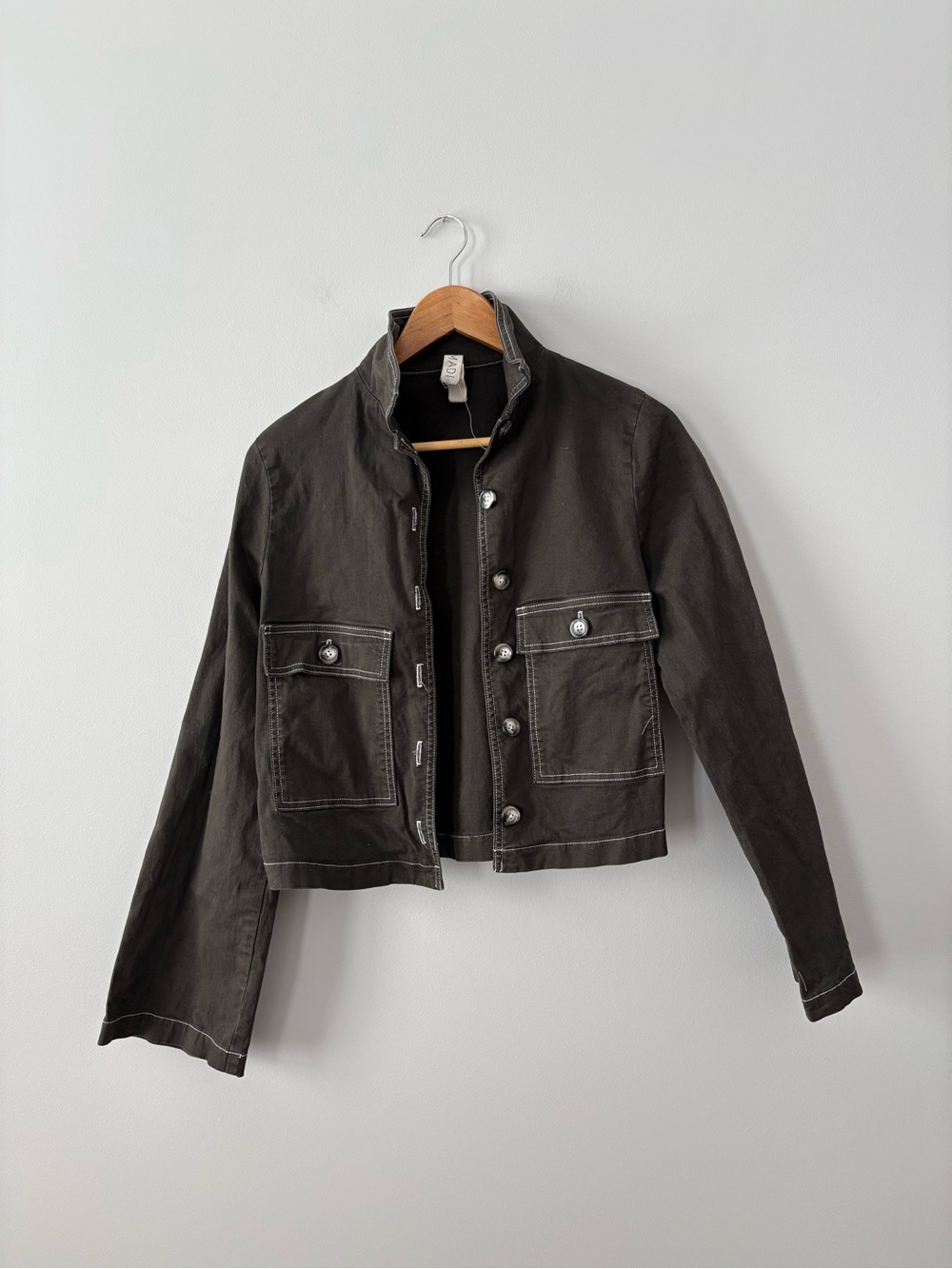 Amadi Modern Minimalist Cropped Button-Up Utility Jacket in Dark Brown